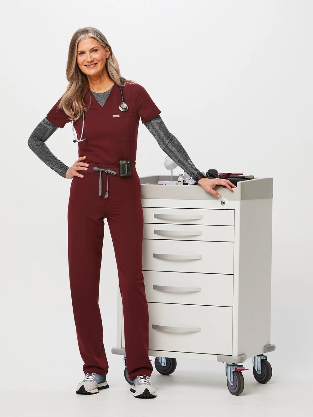 Figs Women's Burgundy Scrubs Set Including 2 Tops & 1 Pant (Set Of 3).